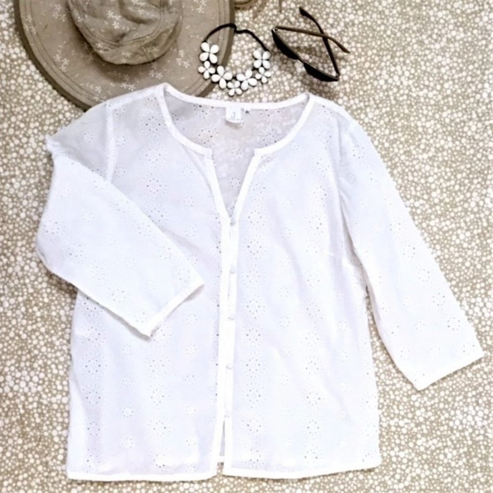 White Eyelet Button Down 3/4 Sleeve Top (L) Like New